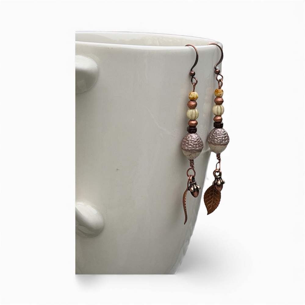 Handcrafted Elegant Copper Leaf Acorn Dangle Earrings - Picture 2 of 11